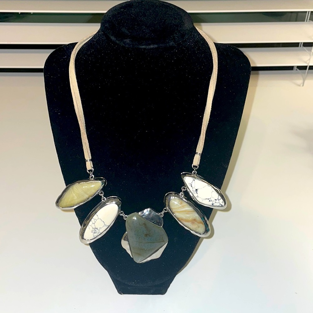 Chicos Tan Leather, Silver & Stone Necklace